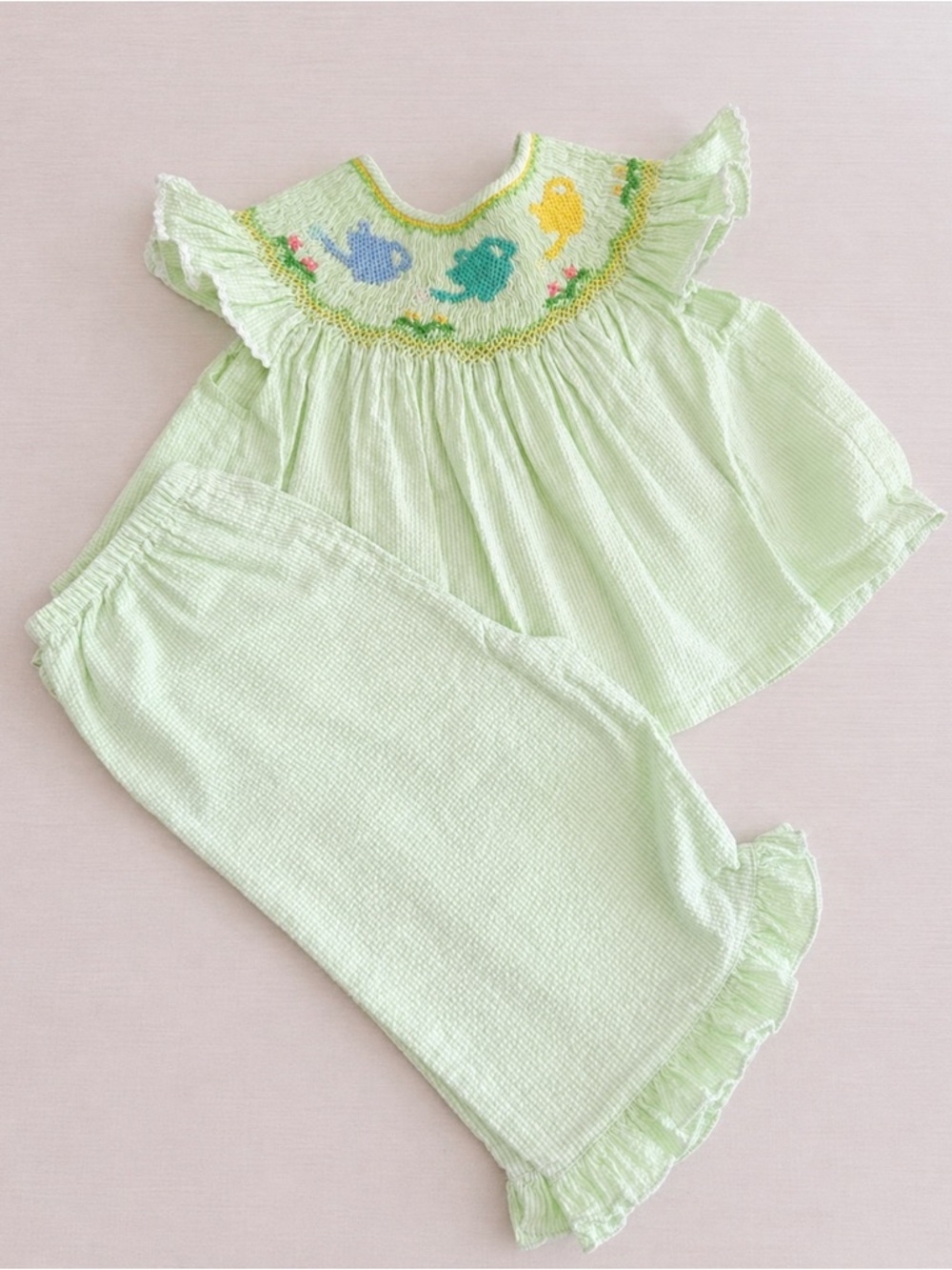 Light Green Smocked Kids Matching Set with Fish Embroidery